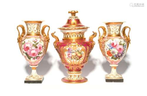 A pair of English porcelain vases c.1820, each well painted ...