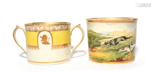 Two large English porcelain porter mugs c.1815-25, one Chamb...