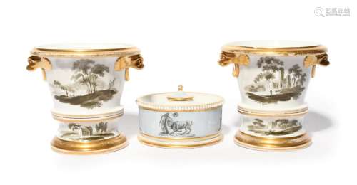 A pair of small Spode câchepots and stands c.1820, painted i...
