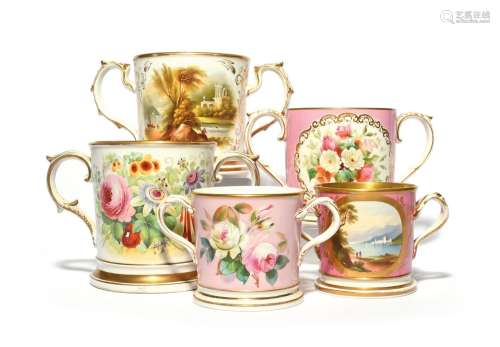 Five English porcelain two-handled porter mugs 19th century,...