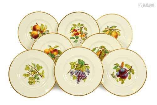Eight Minton fruit plates c.1900, painted by Joseph Colcloug...