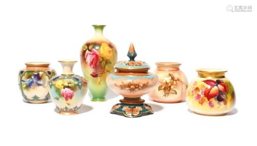 Three Royal Worcester vases and three Hadley`s Worcester vas...