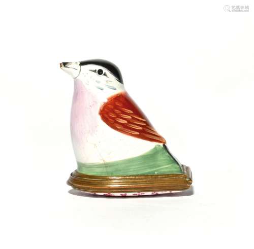 A Bilston enamel bird bonbonnière c.1760-80, modelled as a f...