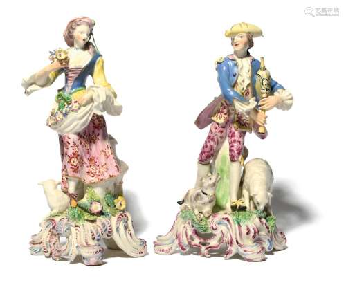 A large pair of Bow figures of a piper and his companion c.1...