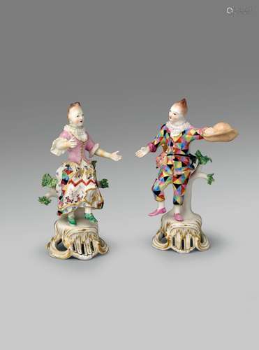 A rare pair of Bow Commedia dell`Arte figures of Harlequin a...