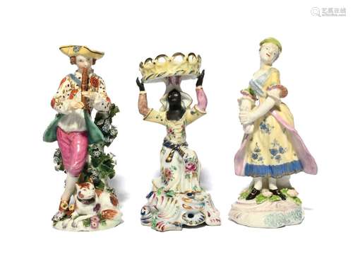 Three English porcelain figures c.1756-60, including a Bow f...