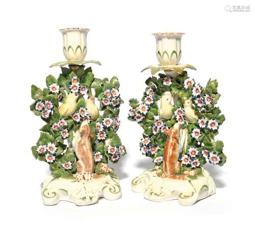 Two Derby candlestick bird figure groups c.1765, each modell...