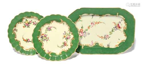 A pair of Worcester plates and a dish c.1770, all decorated ...