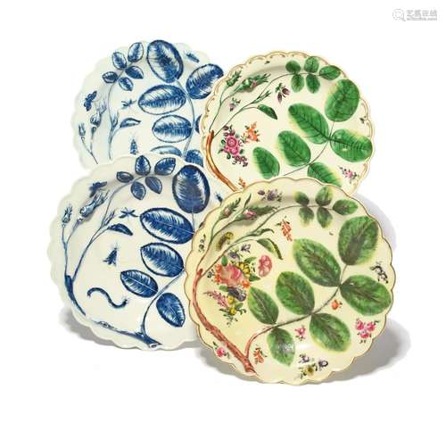 Four Worcester `Blind Earl` plates c.1765, all moulded and d...