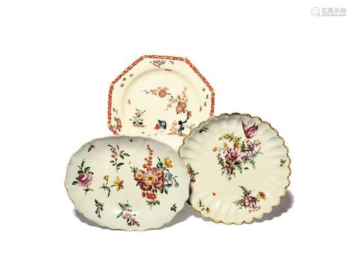 Three Bow dishes c.1756-65, one octagonal and painted in Kak...