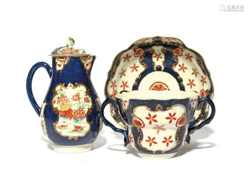 A Worcester hot water jug and cover c.1765, painted with pan...