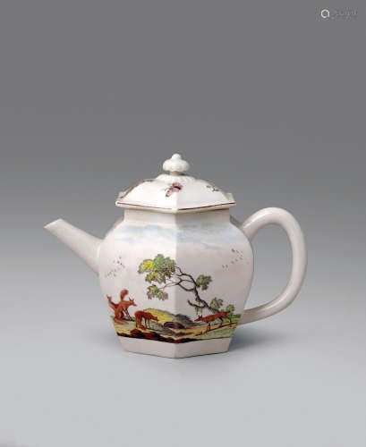 A Chelsea hexagonal Fable teapot and cover c.1752-55, painte...