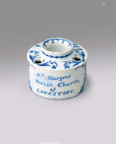 A rare Lowestoft blue and white inkwell c.1790, attributed t...