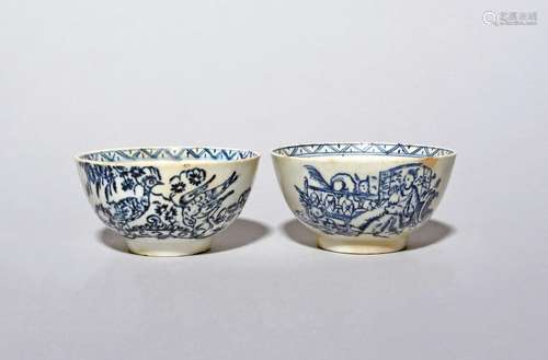 Two Lowestoft blue and white teabowls c.1772-75, one printed...