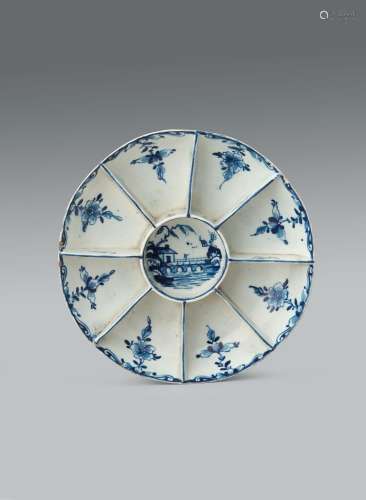 A very rare Lowestoft blue and white hors d`oeuvre dish c.17...