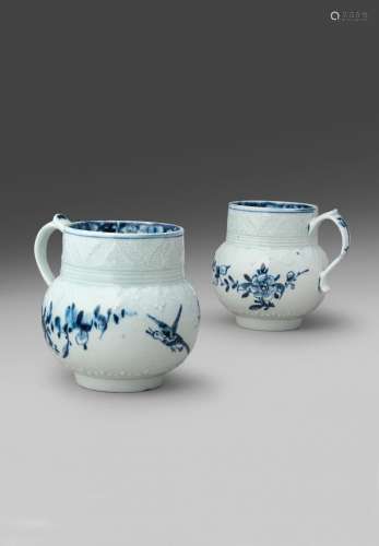 A rare pair of Lowestoft blue and white cider mugs c.1765, t...