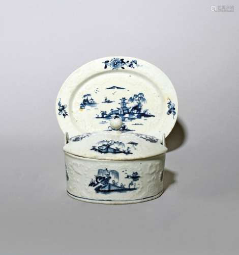 A rare Lowestoft blue and white butter tub with cover and st...