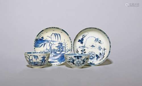 Two English porcelain blue and white teabowls and saucers c....