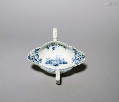 A Worcester blue and white two-handled sauceboat c.1755-60, ...