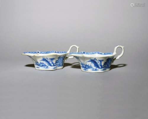 A pair of large Bow blue and white sauceboats c.1752-55, of ...