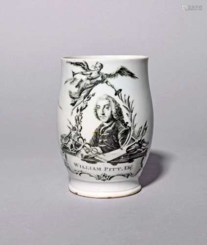 A rare Longton Hall commemorative mug c.1760, printed in bla...