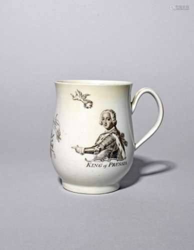A Worcester bell-shaped King of Prussia mug c.1757, printed ...