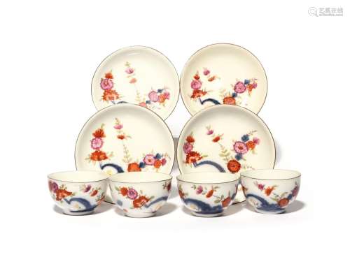 Four Meissen teabowls and saucers c.1740, each painted in an...