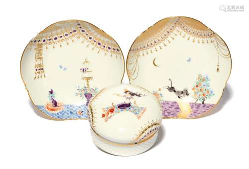 A pair of Meissen small dishes and a box and cover from the ...