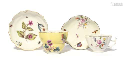 A Meissen quatrefoil cup and saucer c.1745, painted with spr...