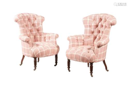 A PAIR OF SIMULATED ROSEWOOD TUB ARMCHAIRS IN VICTORIAN TAST...