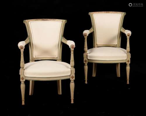 A PAIR OF FRENCH PAINTED AND UPHOLSTERED ARMCHAIRS IN EARLY ...
