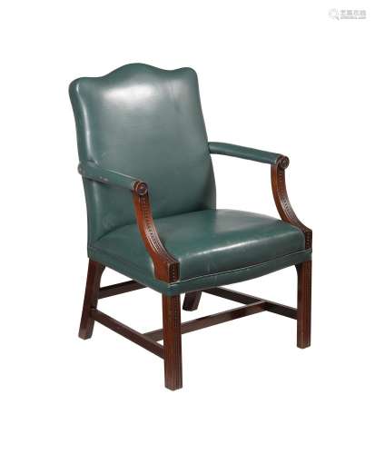 A MAHOGANY AND GREEN LEATHER UPHOLSTERED ARMCHAIR IN GEORGE ...