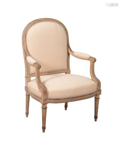 A PAINTED AND UPHOLSTERED FAUTEUIL IN LOUIS XVI STYLE