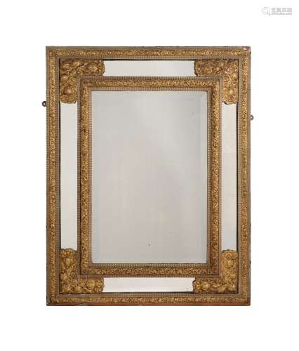 A PAINTED AND GILT METAL MOUNTED WALL MIRROR