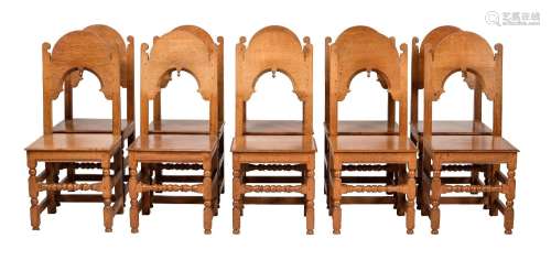 A SET OF TEN OAK DINING CHAIRS, OF 17TH CENTURY 'DERBYSHIRE'...