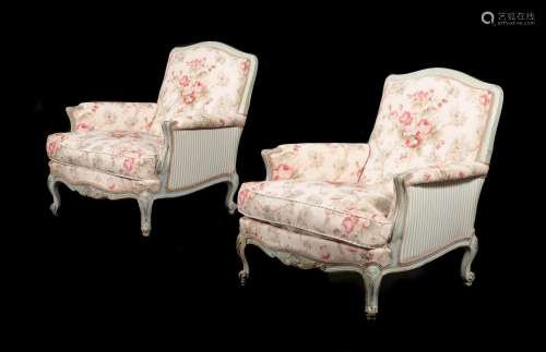 A PAIR OF FRENCH PAINTED AND UPHOLSTERED ARMCHAIRS IN LOUIS ...