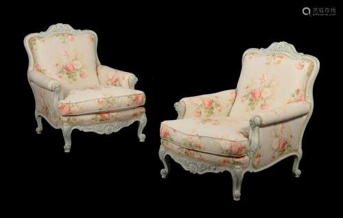 A PAIR OF FRENCH PAINTED AND UPHOLSTERED ARMCHAIRS IN LOUIS ...