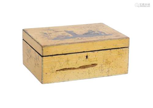 A YELLOW LACQUERED AND CHINOISERIE DECORATED WORK BOX