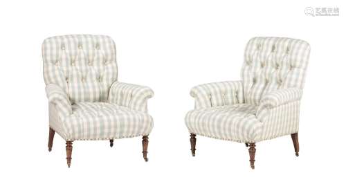 A PAIR OF BEECH AND UPHOLSTERED TUB ARMCHAIRS IN VICTORIAN T...