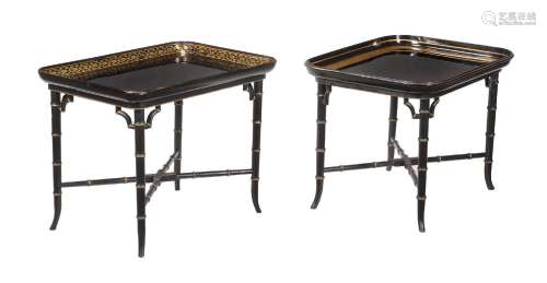 A BLACK LACQUER AND GILT PAPIER-MACHE TRAY TOP OCCASIONAL TA...