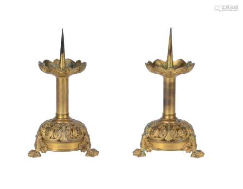 A PAIR OF FRENCH GILT METAL PRICKET CANDLESTICKS