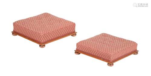 A PAIR OF VICTORIAN MAHOGANY AND UPHOLSTERED FOOTSTOOLS