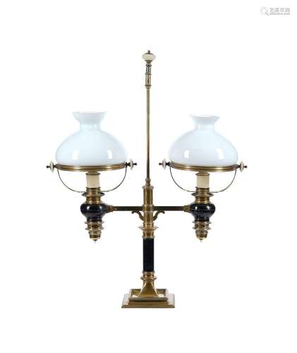 A FRENCH BRASS AND PATINATED METAL TWIN ARM TABLE LAMP