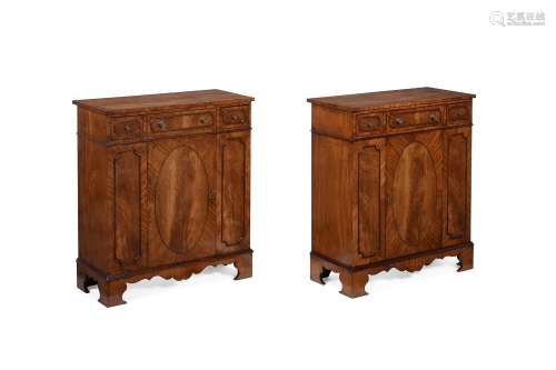 A PAIR OF ASH, SATINWOOD AND MAHOGANY SIDE CABINETS IN REGEN...