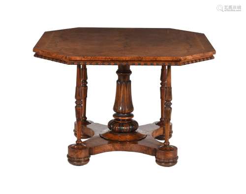 A VICTORIAN WALNUT AND BURR WALNUT OCTAGONAL CENTRE TABLE