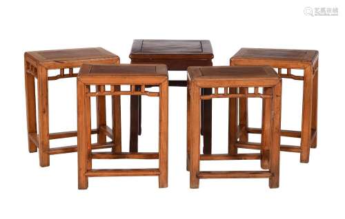 FOUR SIMILAR CHINESE EXOTIC HARDWOOD STOOLS OR LOW TABLES