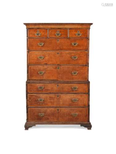 A GEORGE II WALNUT CHEST ON CHEST