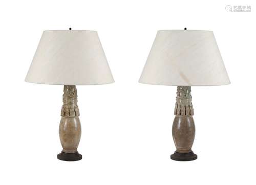 A PAIR OF PARCEL CELADON GLAZED TABLE LAMPS