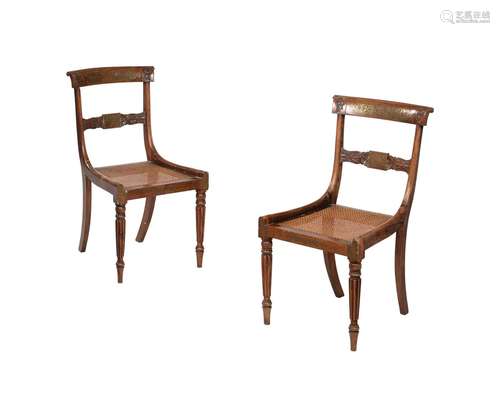 A PAIR OF REGENCY BEECH AND BRASS INLAID DINING CHAIRS