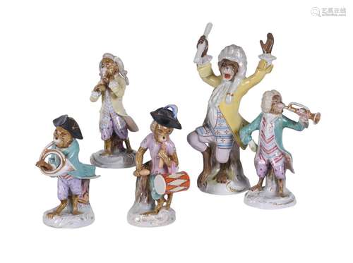 FIVE GERMAN PORCELAIN MONKEY BAND FIGURES AFTER THE MEISSEN ...